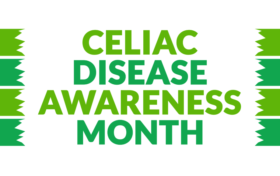 Celiac Disease Awareness Month banner with bold green text and zigzag side ribbons on both sides.
