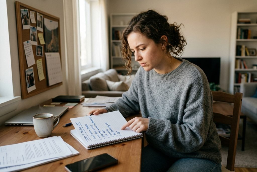 Woman with curly hair in a gray sweater studies at a wooden desk, turning pages in a notebook with notes written in blue ink in a cozy home office.