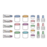 Colorful assortment of skincare products: tubes on the left, jars in the middle, and bottles on the right in pastel colors.