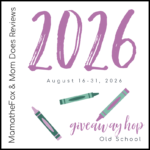 Poster for a 2026 back-to-school giveaway hop by MomDoesReviews and MamafOx? Mom Does Reviews, featuring crayons and 'Old School' theme.