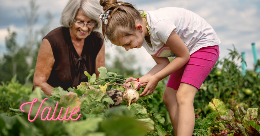 grandmother and child in garden
